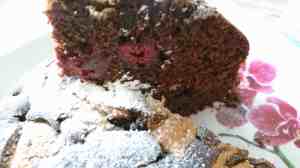 inside Chocolate Browie Cake with Raspberries and Peanut Butter