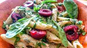 Creamy Avocado Pasta with Mixed Nuts and Cherries