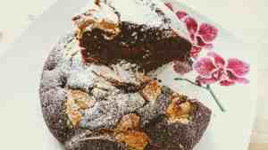 slice Chocolate Browie Cake with Raspberries and Peanut Butter