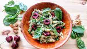 Creamy Avocado Pasta with Mixed Nuts and Cherries