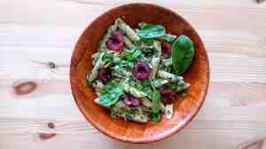 Creamy Avocado Pasta with Mixed Nuts and Cherries