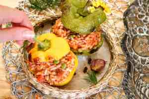 Stuffed Peppers with Tomatoes and Peas close up