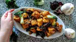 chinese style tofu puffs on serving dish