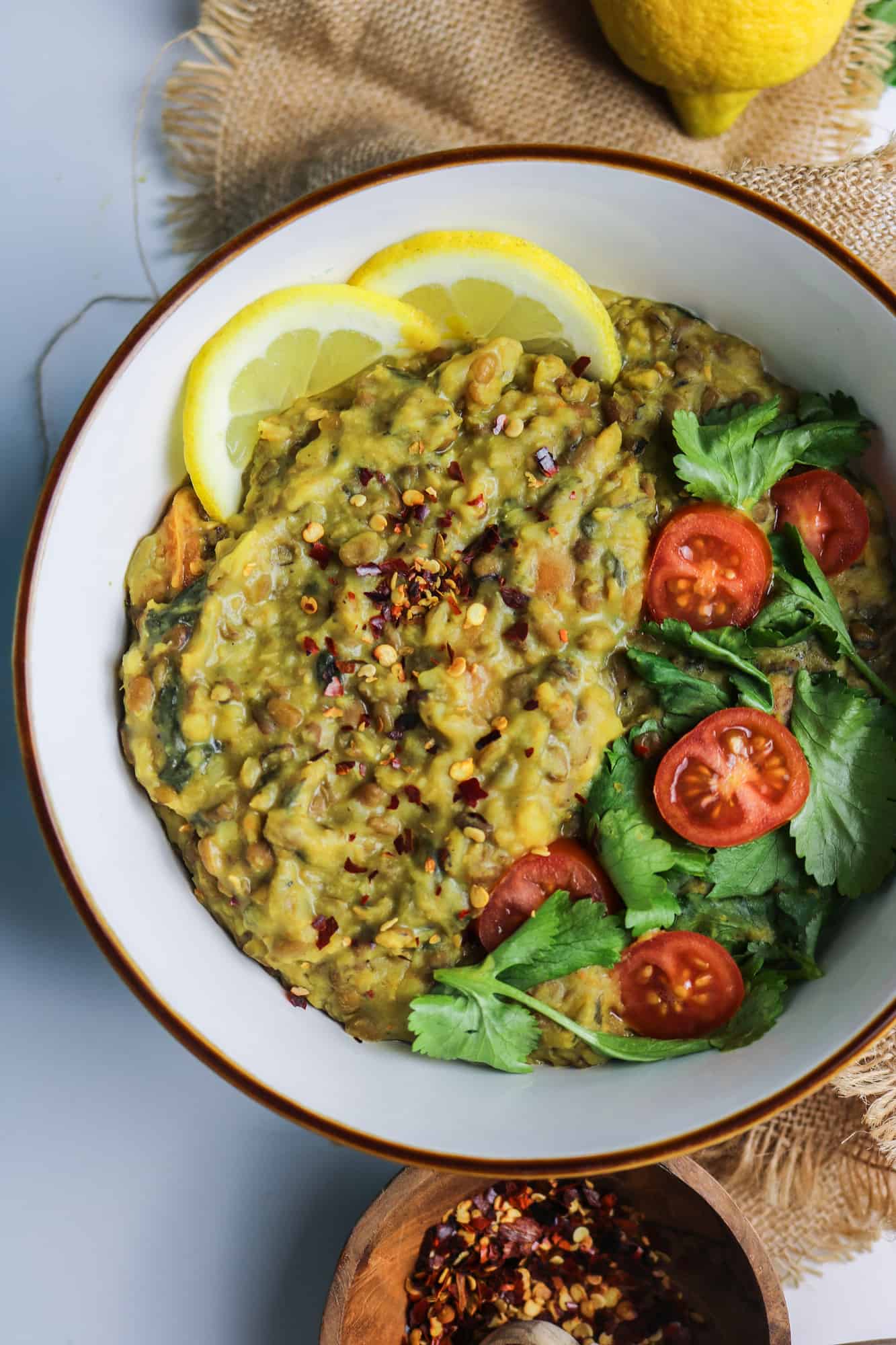 vegan green split lentils dahl half bowl