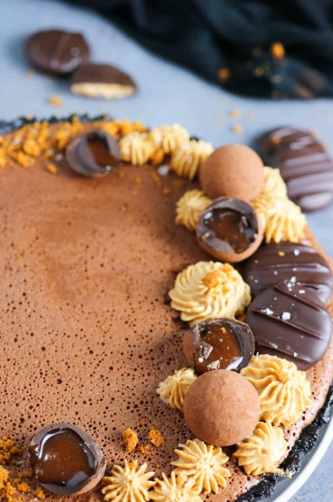 Close up to Chocolate Mousse and Biscoff Tart
