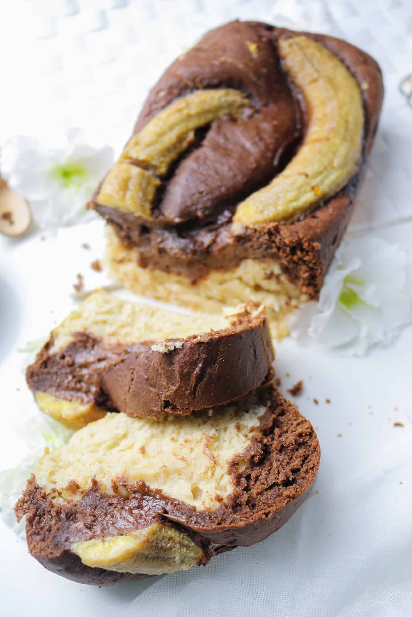Banana and Chocolate Marbled Bread Plum Cake slices