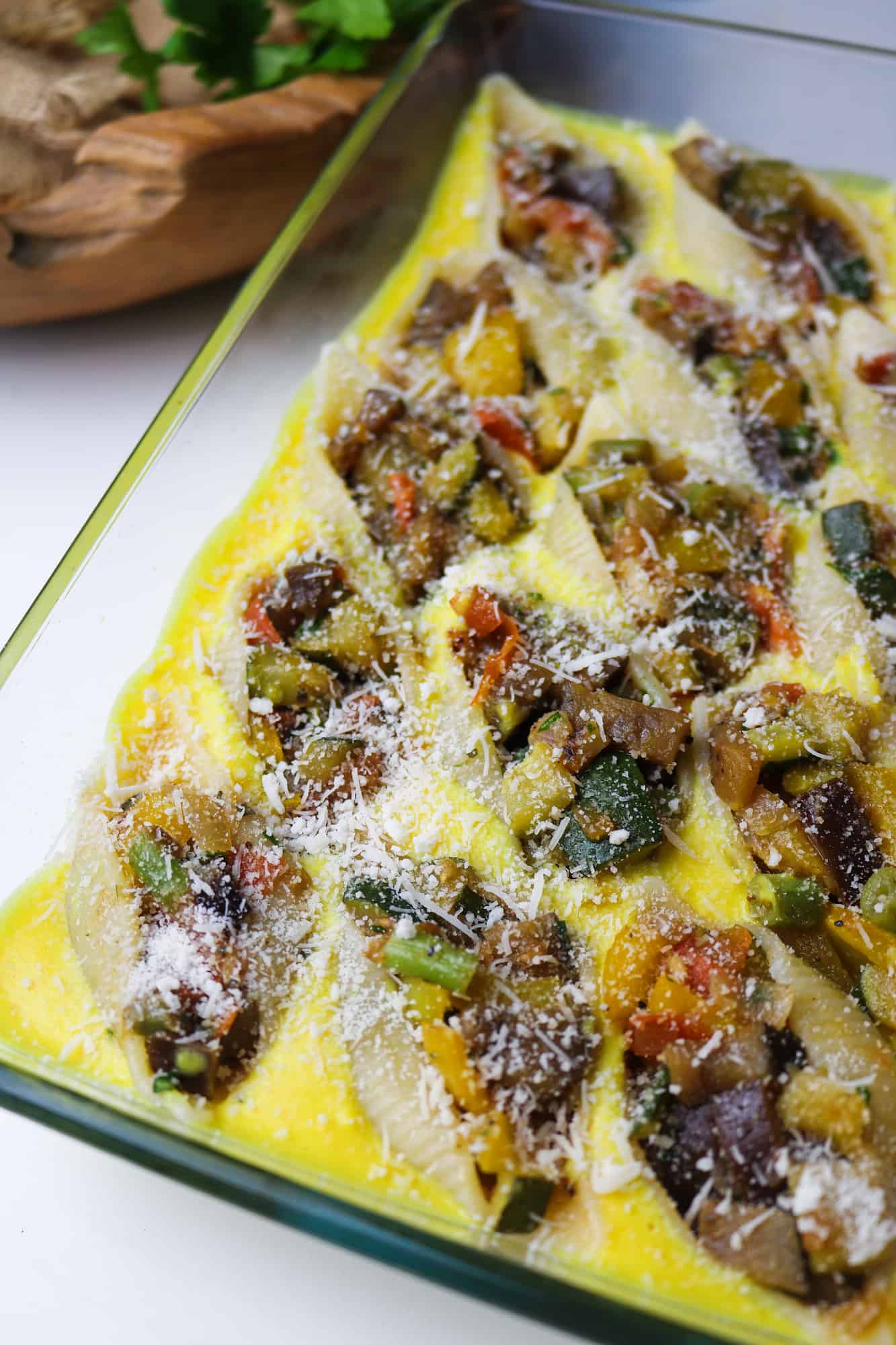 pre bake pasta shells arranged in a tray