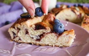 &nbsp;brioche swirl cake slice with blueberries