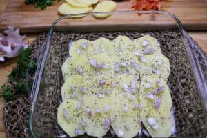 layer of potato in tray