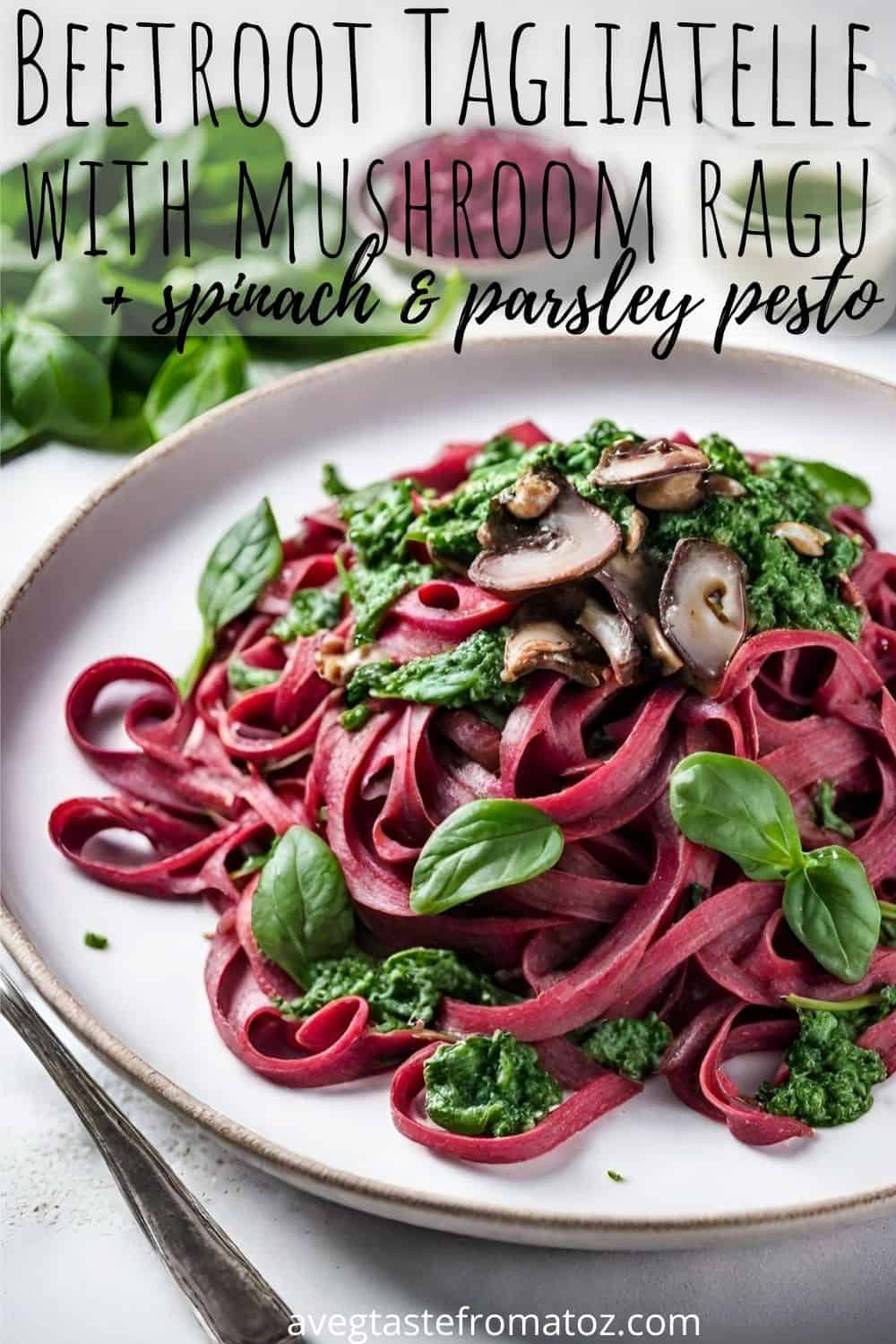 You have to try out these delicious homemade Beetroot Tagliatelle and Mushroom Ragu for a change! Served an aromatic and fragrant spinach and parsley pesto. #homemade #pasta #beet #vegan #tagliatelle #mushroom #pesto #spinach