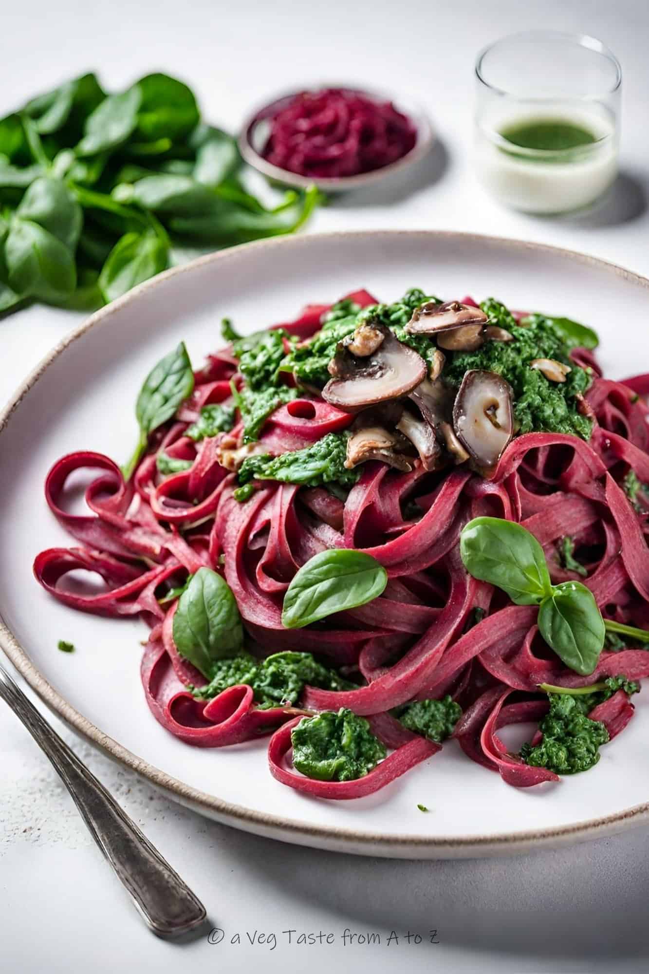 beetroot tagliatelle with brown mushrooms and spinach leaves and pesto, on light plate with white background fork near plate side shoot