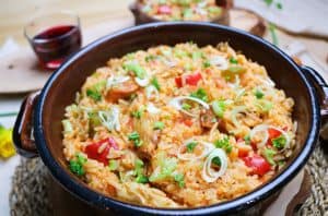 Plant Based Jambalaya in dish from side