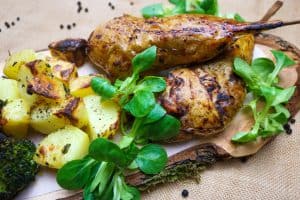 cooked close up Seitan Legs with Crispy Skin vegan chicken drumsticks