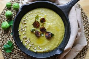 Brussels Sprouts and Leek Soup served in pan