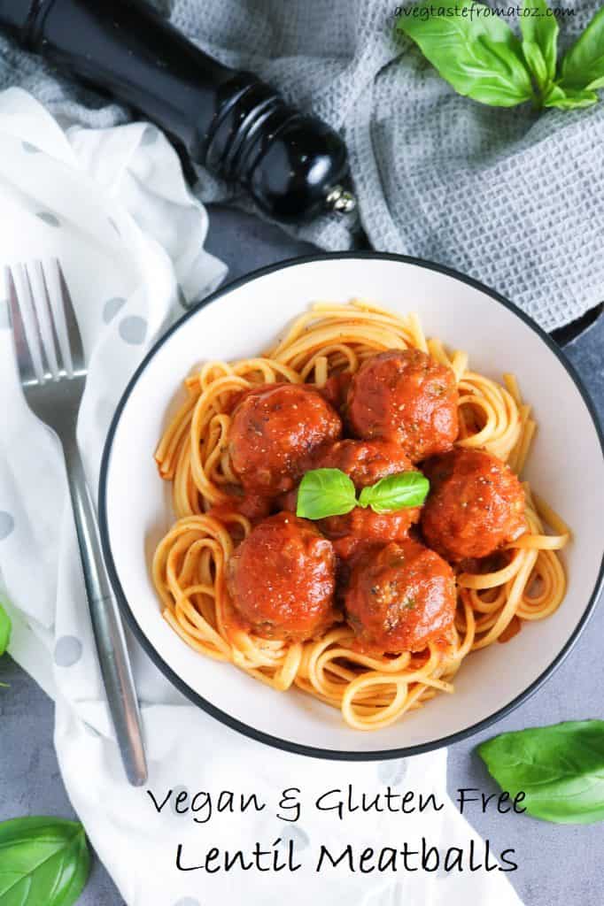 Lentil Meatballs in Rich Tomato Sauce over cooked spaghetti