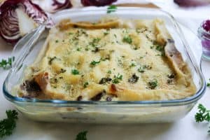Radicchio and Smoked Tofu Lasagna in dish