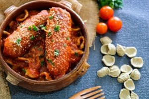 Vegan Seitan Braciole in a casserole dish