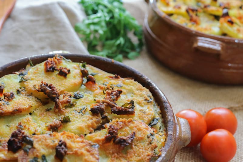 Potato nori rice bake close up in dish