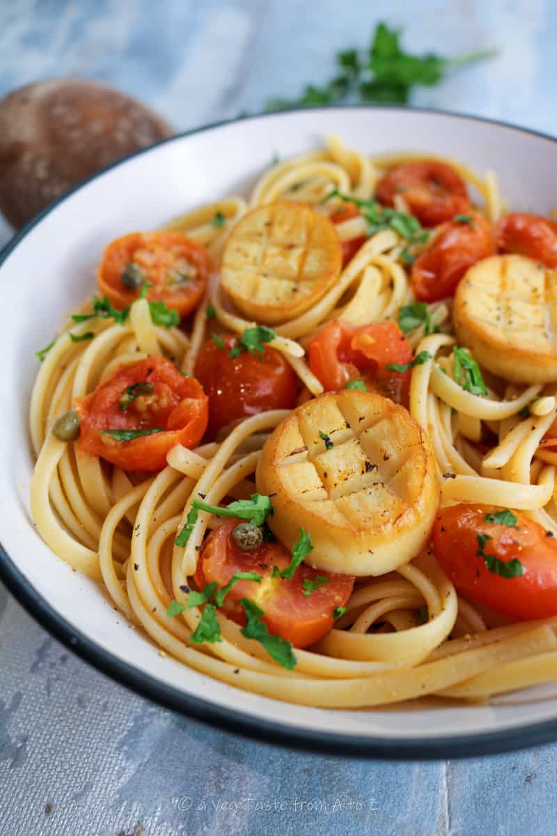 vegan seafood pasta close up