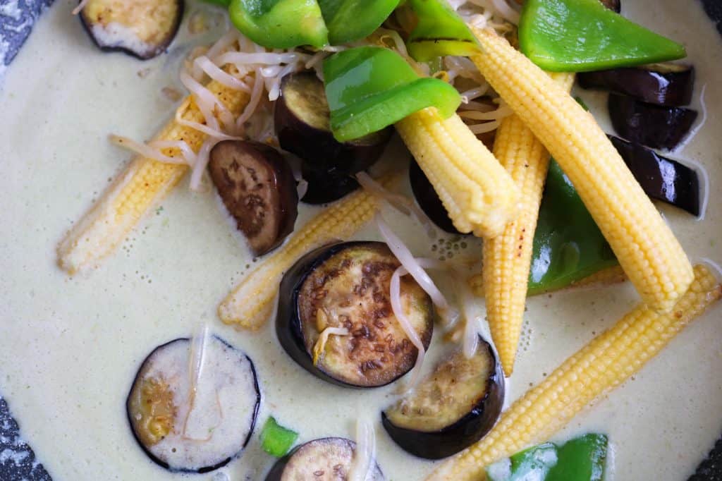 vegetables in coconut milk for vegan Thai Green Curry and rice noodles