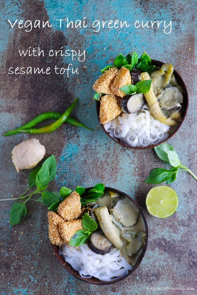two bowls of vegan Thai Green Curry and rice noodles nicely arranged for pinterest image