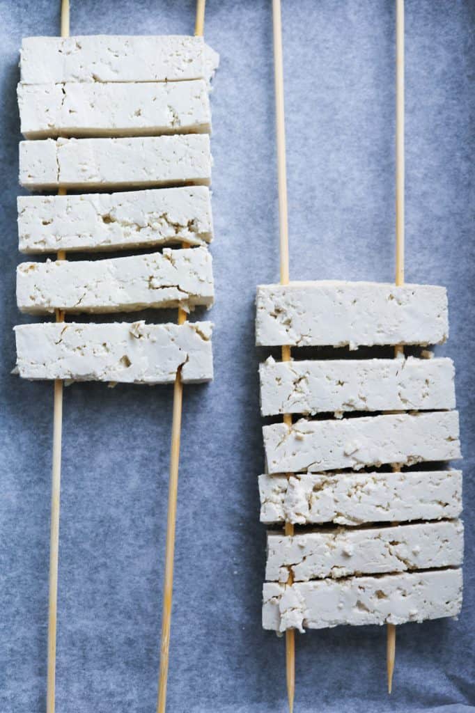 strips on wooden skewers