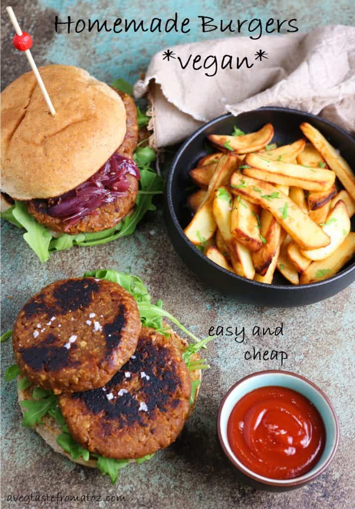Vegan burgers patties made of soy TVP and gluten with oven baked chips on a side, ketchup and red onion chutney for pinterest