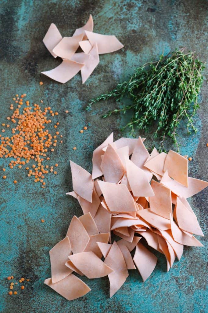 red lentil pasta maltagliati and thyme springs