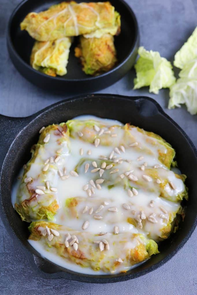 close up Savoy Cabbage Rolls with Butternut Squash and Red Lentils in skillet