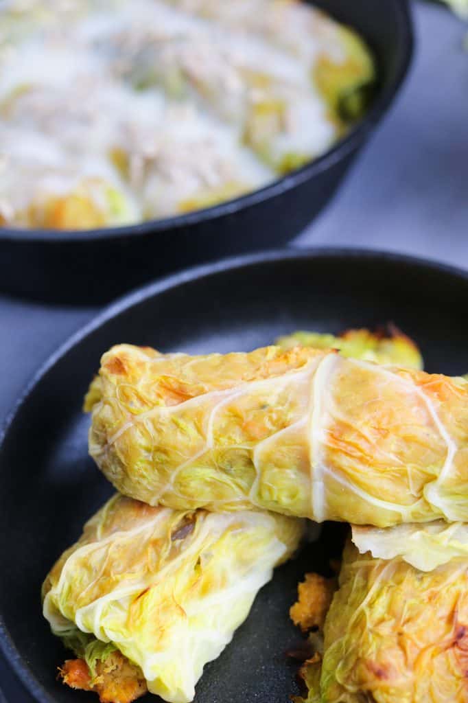 close up Savoy Cabbage Rolls with Butternut Squash and Red Lentils on a black plate