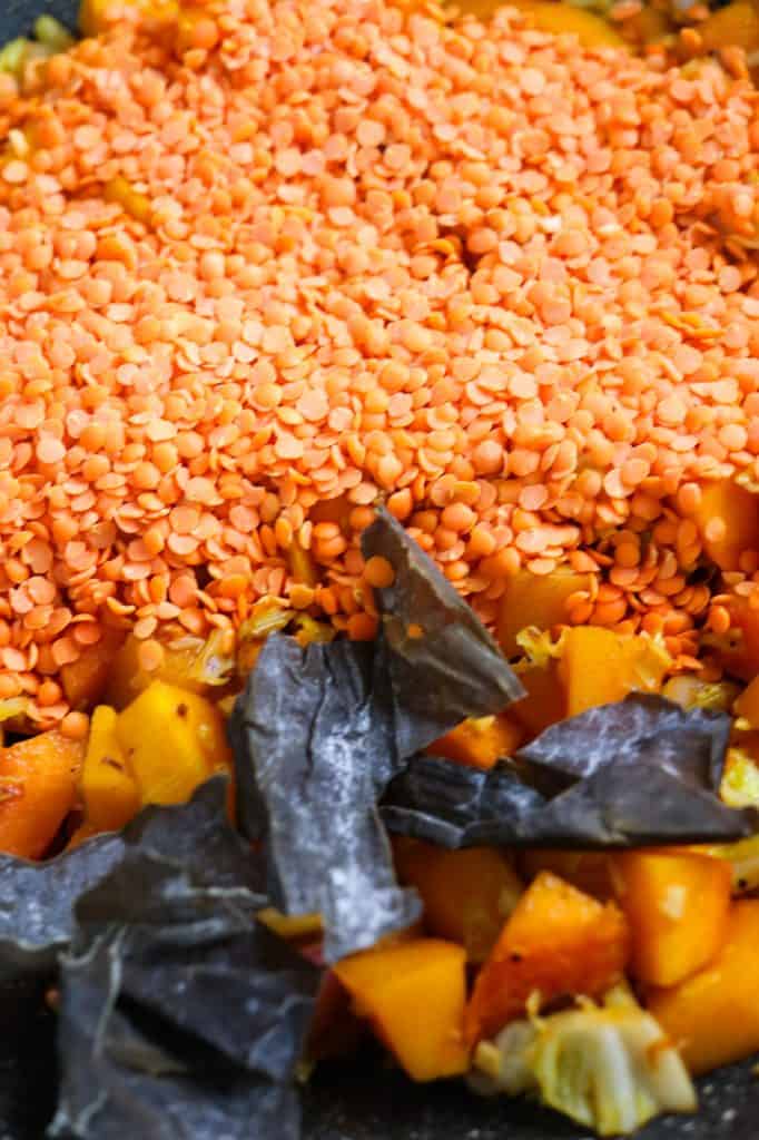 red lentils, butternut squash and kombu for Savoy Cabbage Rolls with Butternut Squash and Red Lentils