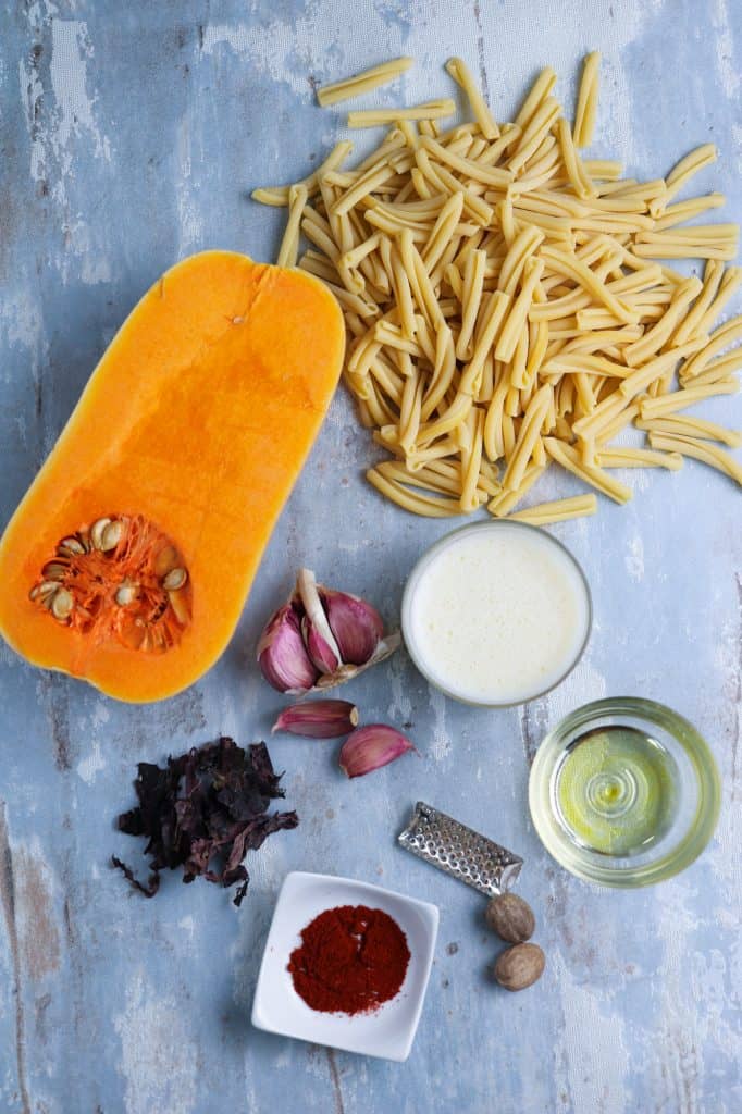 Ingredients to make Butternut Squash Pasta with Crispy Smoked Seaweed