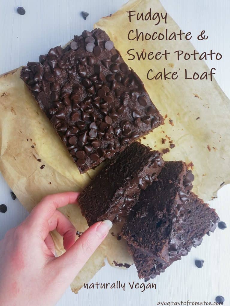 hand reaching a slice of fudgy sweet potato and chocolate cake loaf with text description for Pinterest sharing