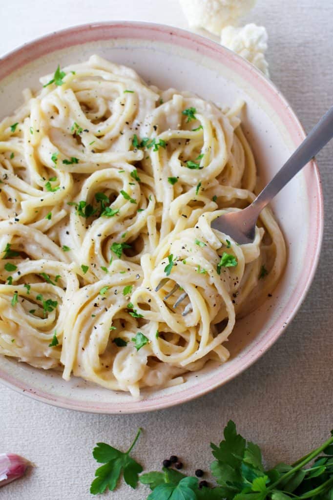 vegan cauliflower alfredo served