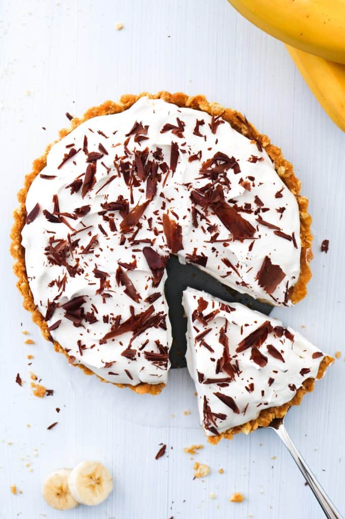 Decadent Vegan Banoffee Pie top down slice from pie