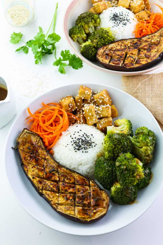 Tofu, Aubergine & Broccoli Miso Bowl two bowls