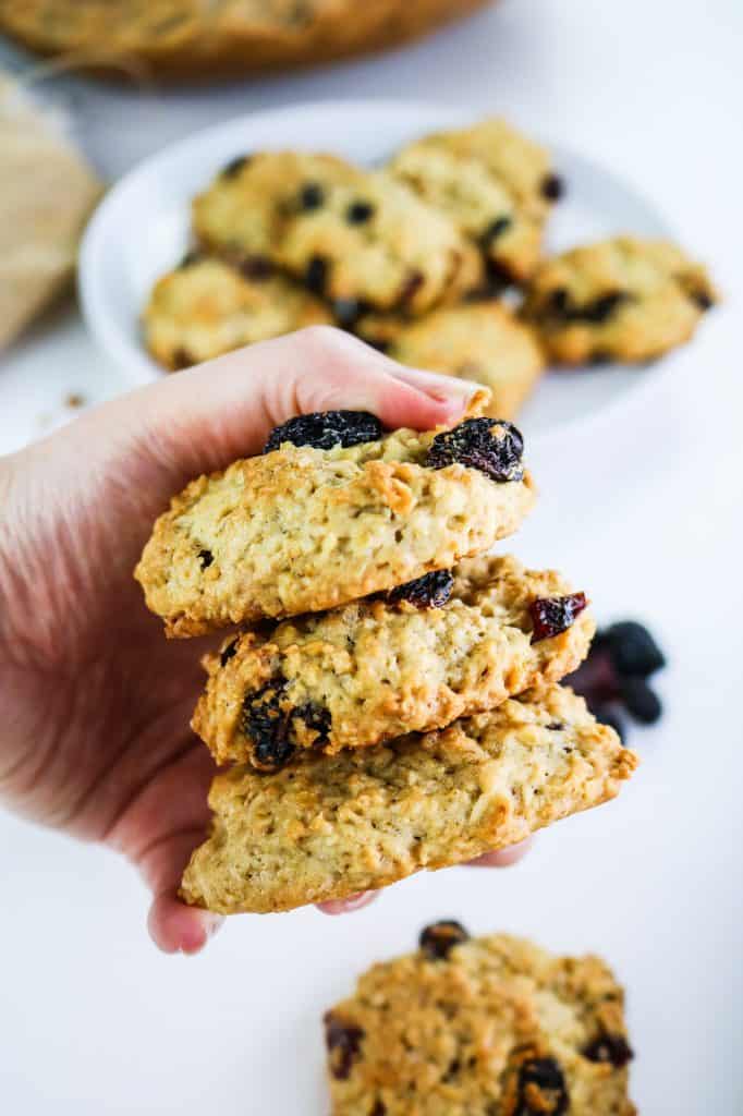 American Style Oat Cookies with Raisin and Cranberry hand holding three cookies