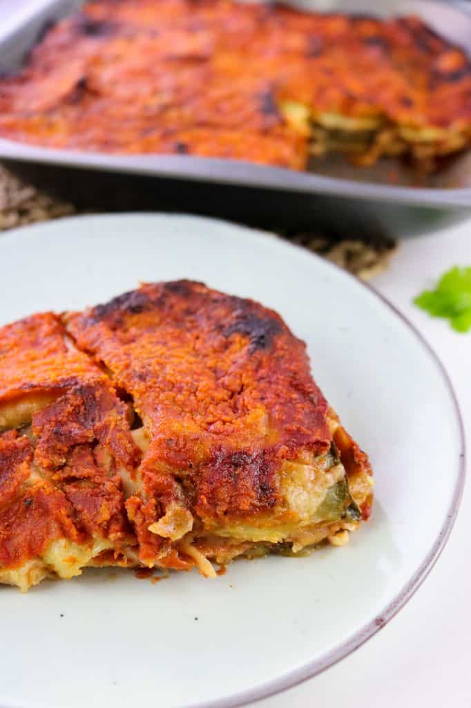 vegan courgette parmigiana slice focused on front