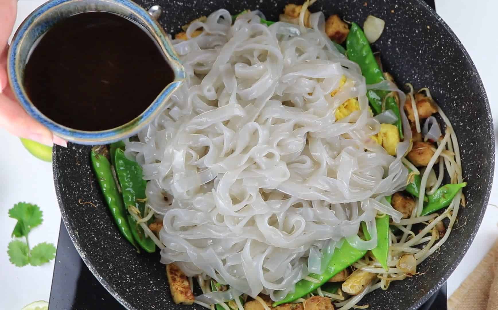 sauce mixture ready to be poured over the vegan pad thai