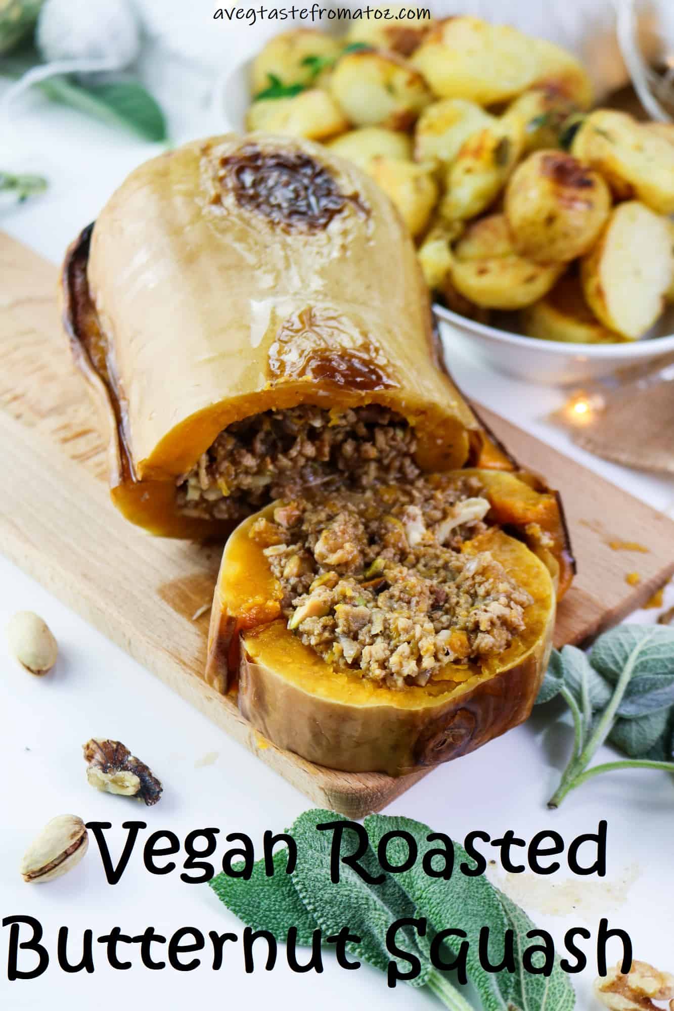 Vegan Roasted Butternut Squash: Sweet and herby roasted squash filled with a generous and fragrant plant mince, accompanied by a flavourful sage and white wine gravy, will be the absolute star of your Thanksgiving or Christmas table. #holiday #veganmain #thanksgiving #recipeinspo #plantbased #christmasmain #roastedsquash