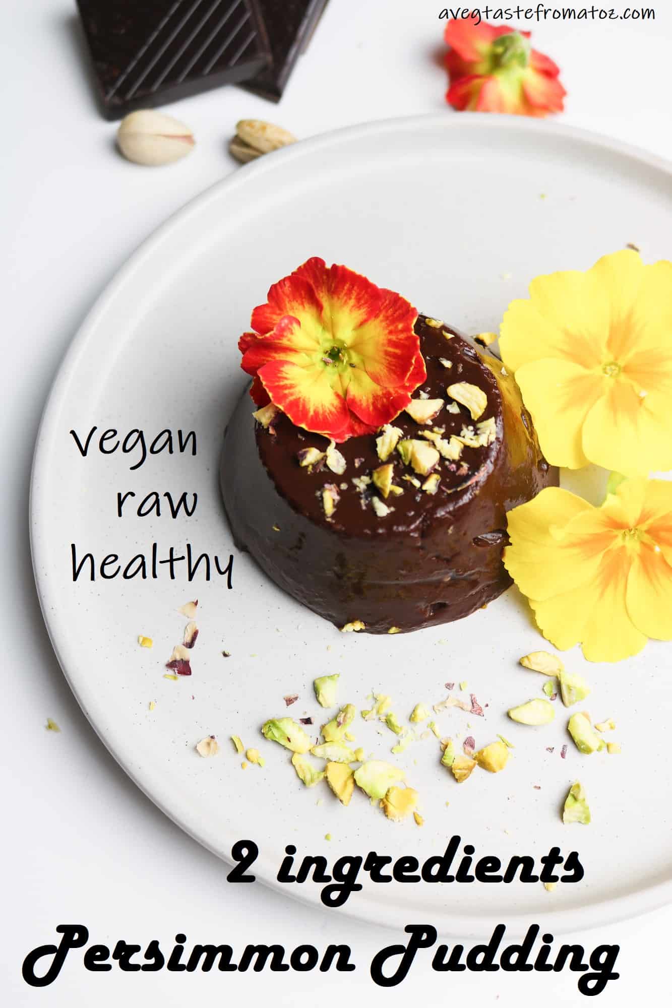 This Persimmon Pudding is a chocolatey wholesome recipe that comes together in no time with as little as 2 ingredients. #persimmon #pudding #dessert #vegan #raw #vegetarian #easy #healthy #wholesome #quick #guiltfree