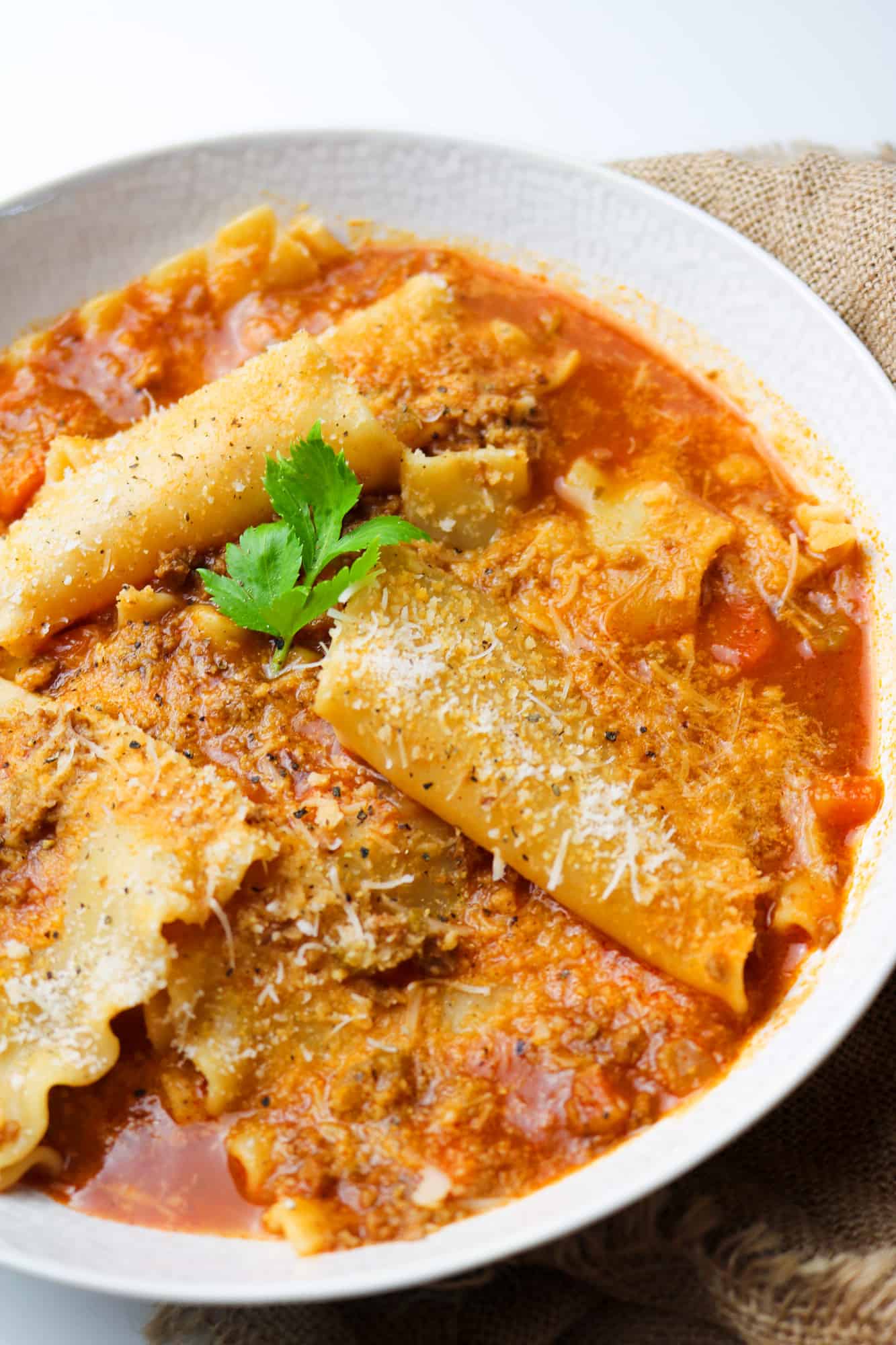 the best vegan lasagna soup in a bowl