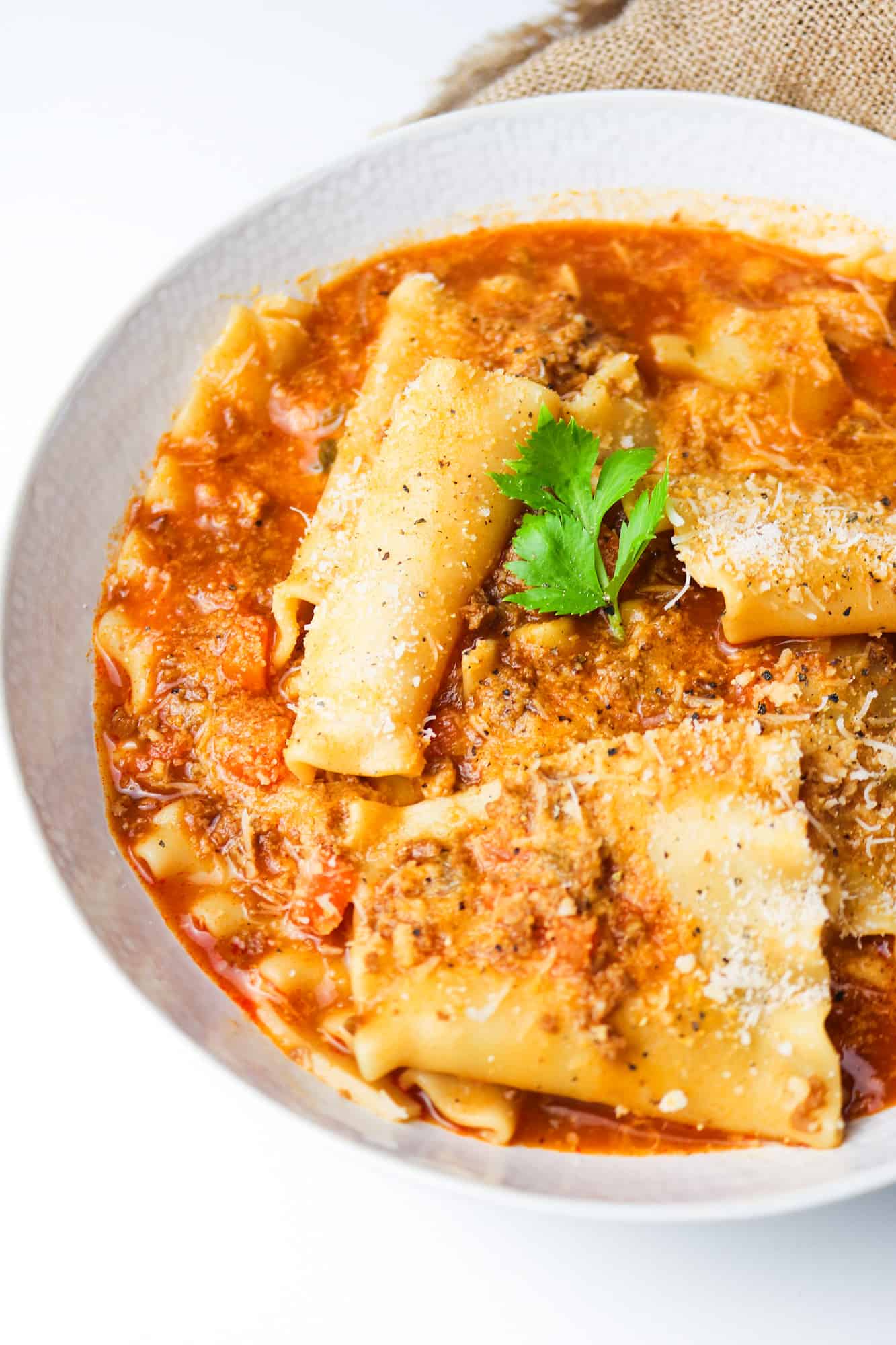 the best vegan lasagna soup served half plate