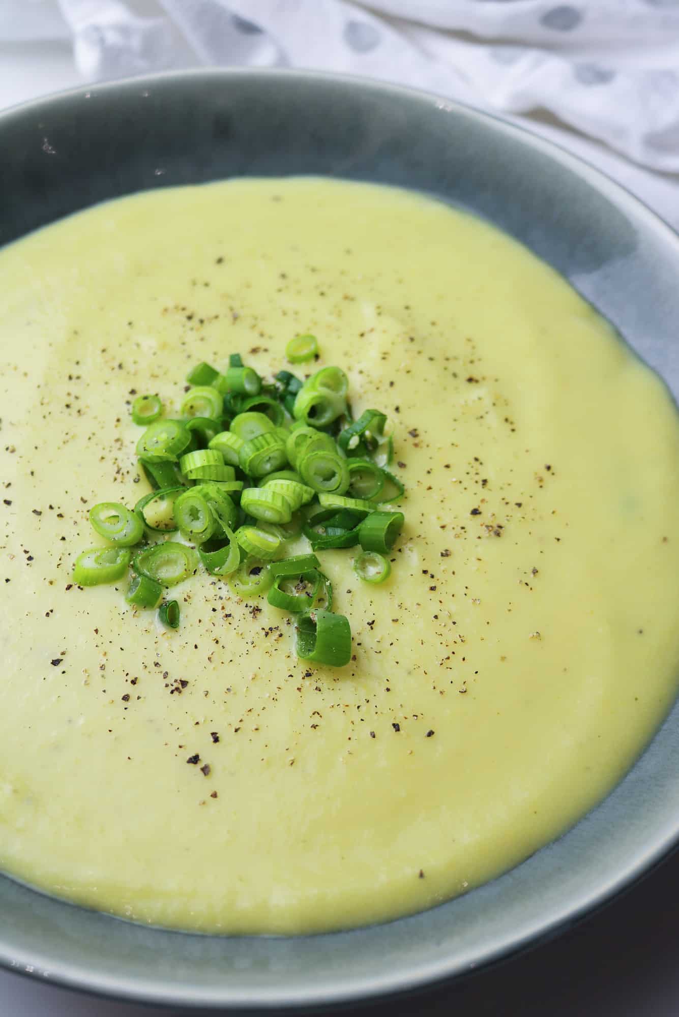 close up vegan leek and potato soup in the instant pot