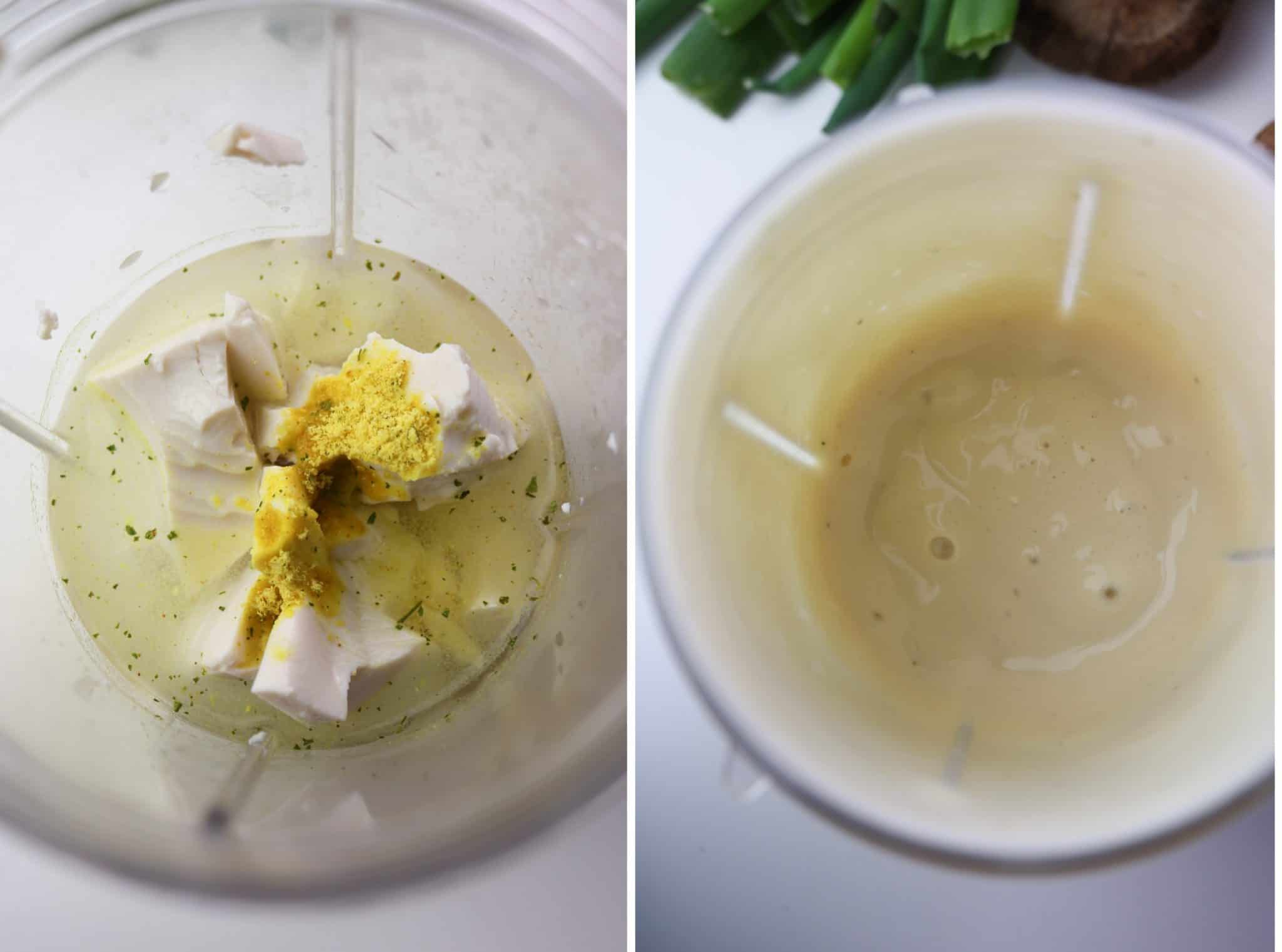silken tofu mix in a blender cup before and after blending