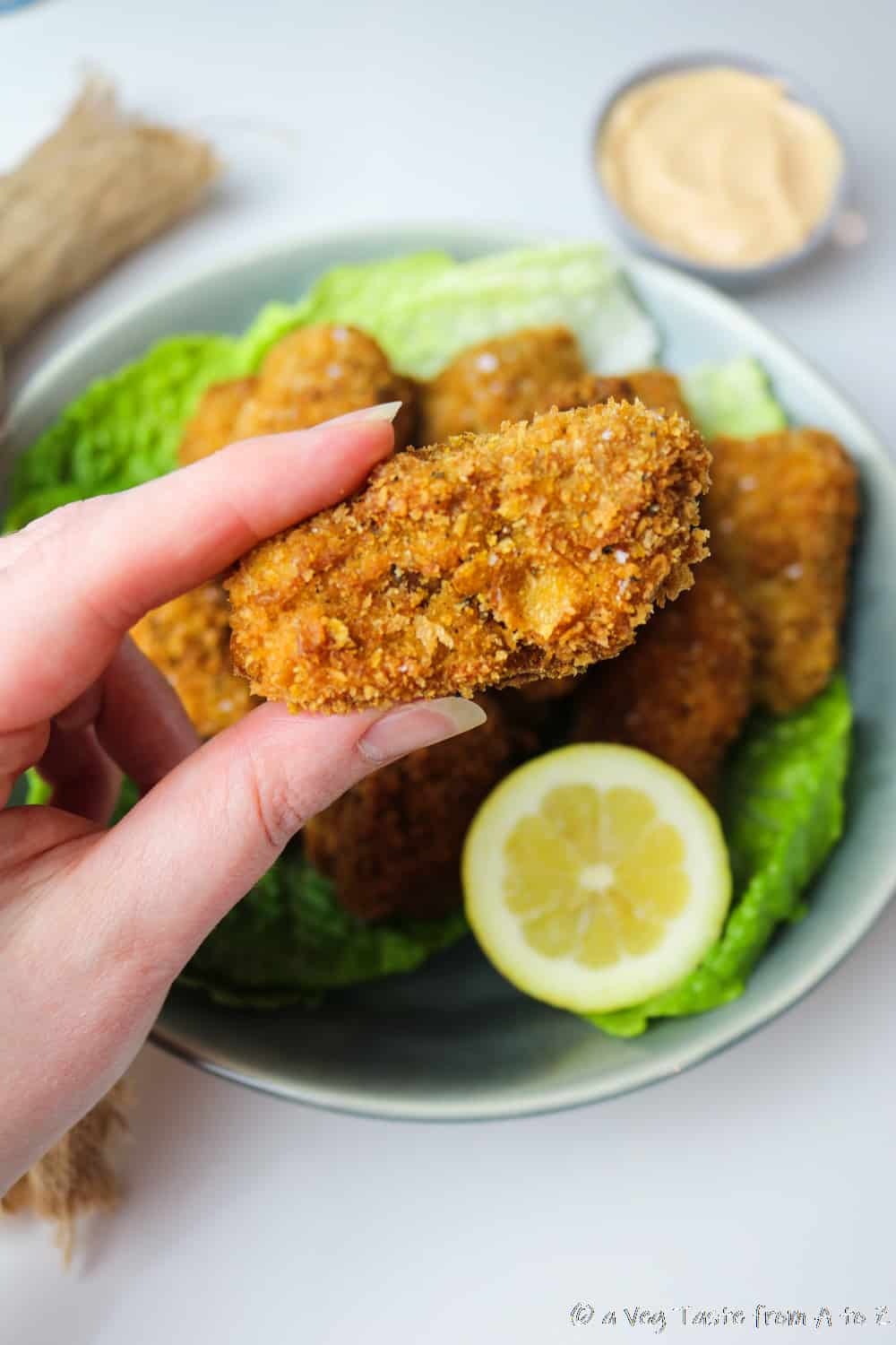 seitan nugget hold close to the camera