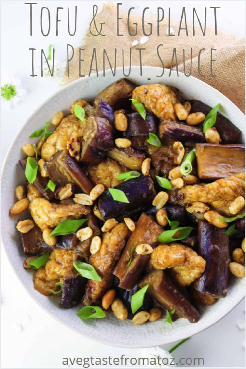 Tofu and Eggplant in Peanut Sauce. This delicious tofu with eggplant in peanut sauce makes for either a great side, appetizer or main course dish that rich in taste, highly satisfying and really easy to make. #tofurecipes #tofupuffs #eggplantrecipe #veganrecipes #veganmains