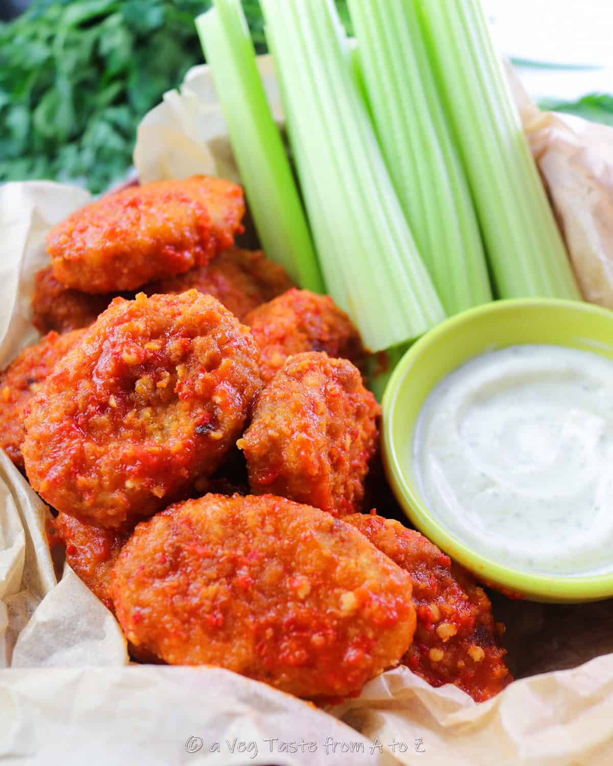 Vegan Buffalo Hot Wings close up