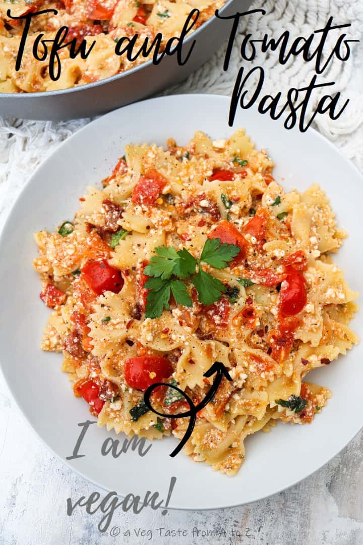 tofu and tomato pasta with overlay text for pinterest sharing