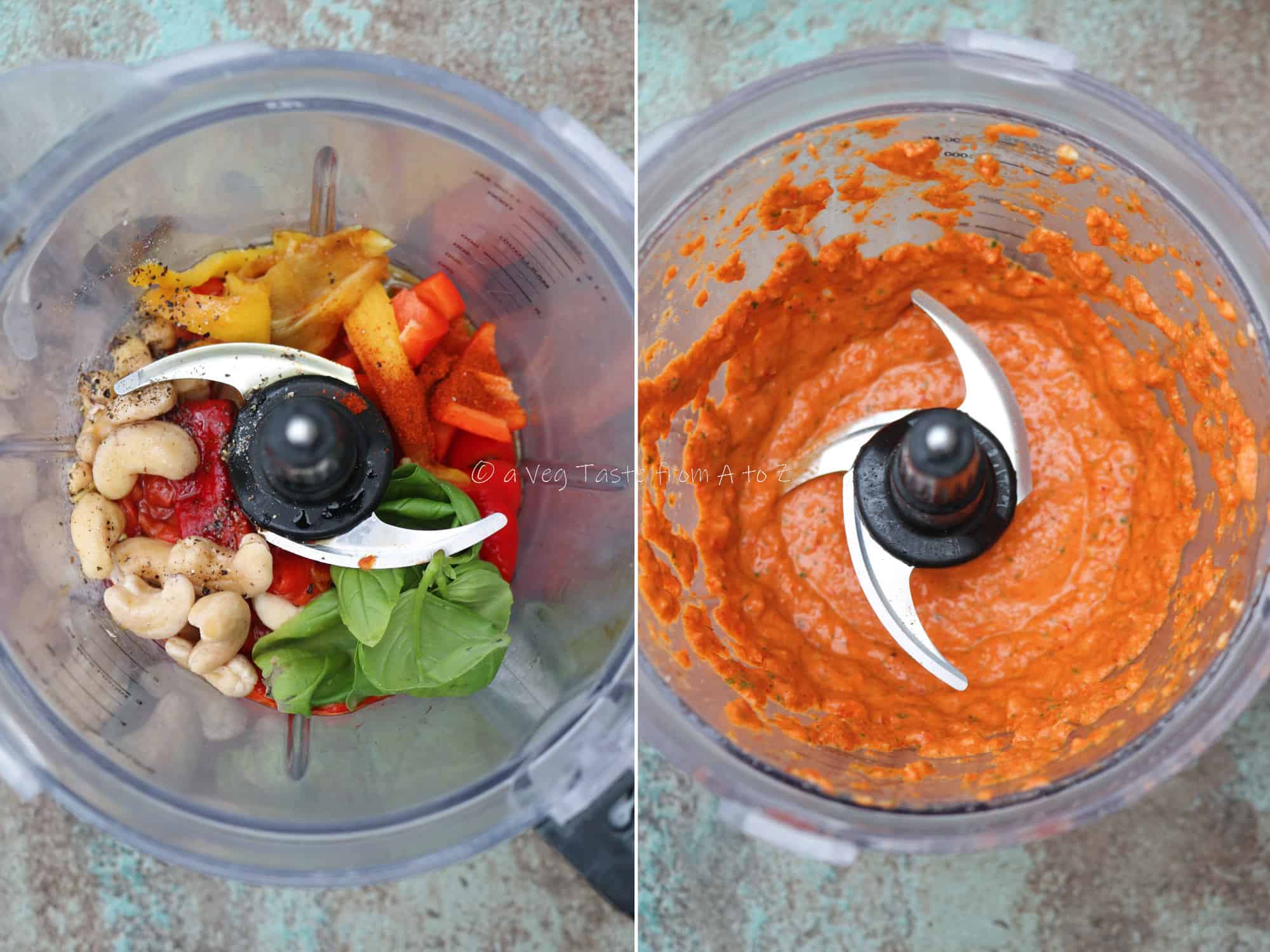 blender bowl before and after making grilled pepper pesto